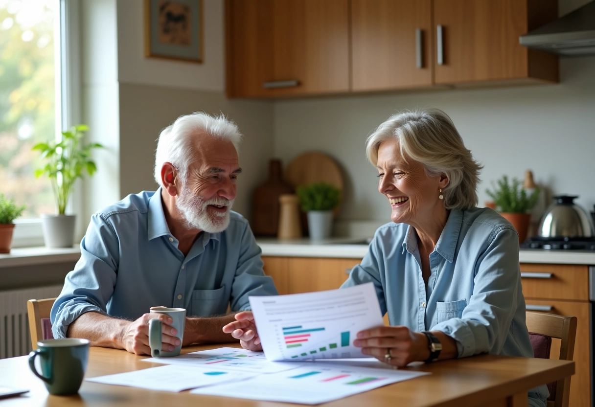 Homme et femme discutent de graphiques dans une cuisine lumineuse