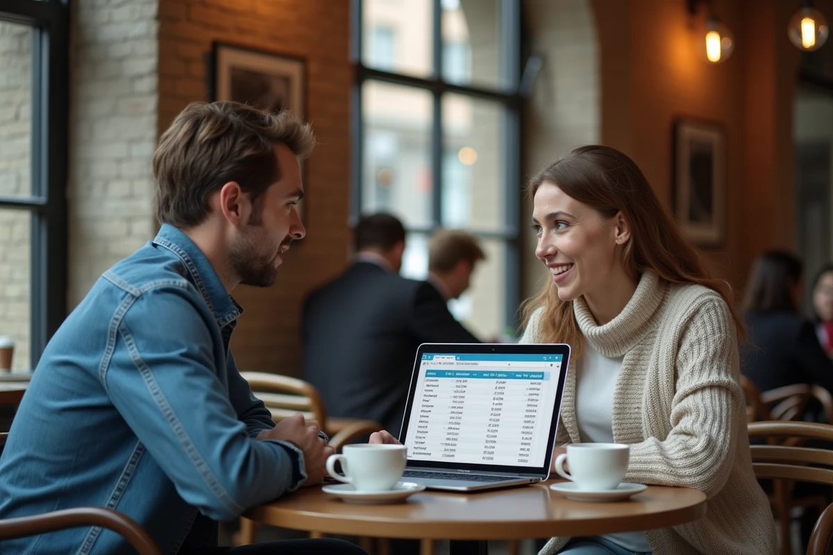 Deux jeunes collègues discutant des perspectives salariales en Suisse autour d'un café avec un ordinateur portable