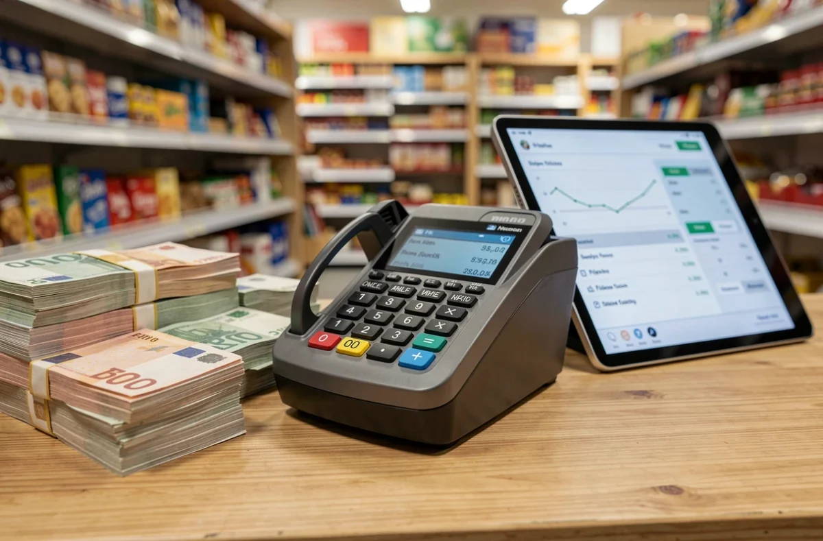 Distributeur billet calculatrice en ligne posé sur un comptoir de caisse avec des billets en euros et une tablette affichant des ventes
