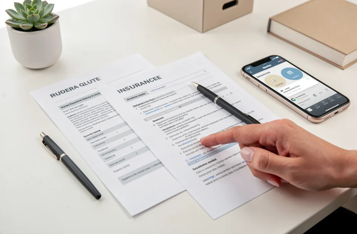 Comparaison de documents d'assurance emprunteur avec stylo et smartphone sur un bureau épuré