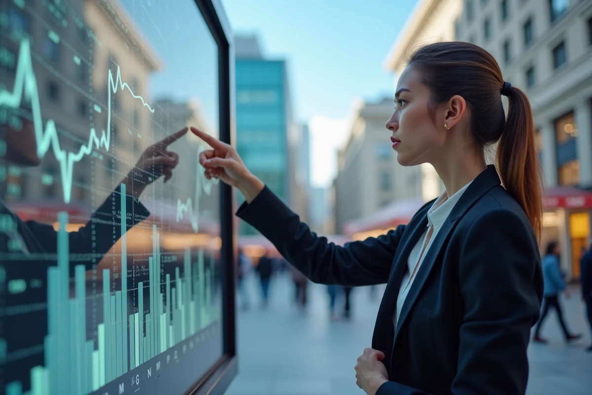 Jeune économiste pointant des graphiques de croissance mondiale