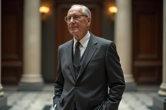 Homme d'affaires distingué en costume gris dans le hall d'une banque européenne de prestige, évoquant patrimoine et richesse institutionnelle