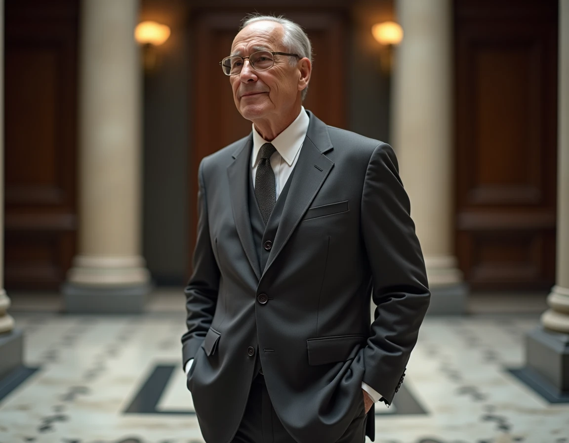 Homme d'affaires distingué en costume gris dans le hall d'une banque européenne de prestige, évoquant patrimoine et richesse institutionnelle
