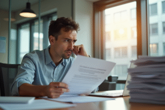Employe inquiet au bureau avec document sur fond lumineux