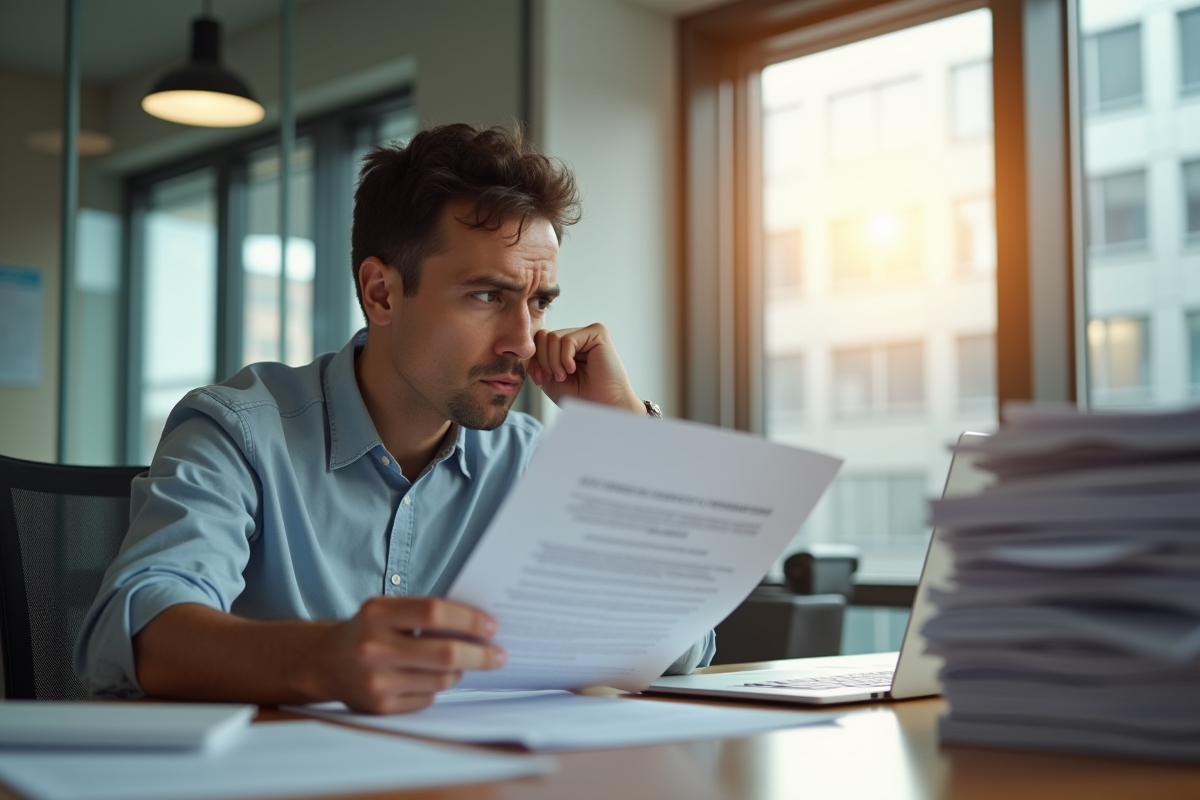 Employe inquiet au bureau avec document sur fond lumineux