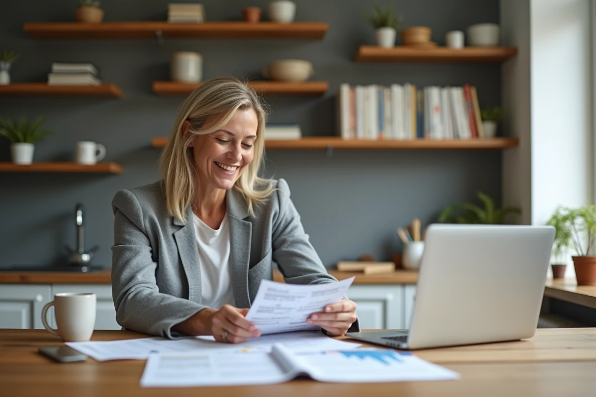 Professeure souriante examine des documents financiers à la maison