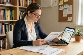 Enseignante utilisant un simulateur salaire prof sur son ordinateur portable pour préparer son budget mensuel à son bureau à domicile