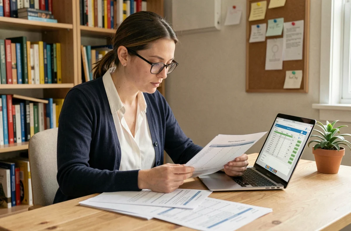 Enseignante utilisant un simulateur salaire prof sur son ordinateur portable pour préparer son budget mensuel à son bureau à domicile