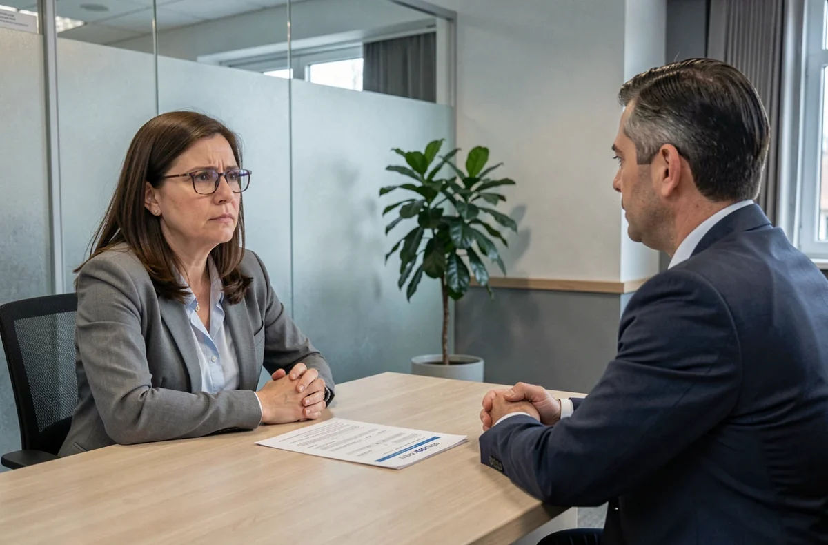 Femme face à un conseiller bancaire lors d'un entretien sur un dossier d'assurance emprunteur avec déclaration douteuse
