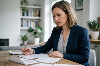 Femme consultant ses relevés bancaires à domicile, envisageant de changer de banque traditionnelle