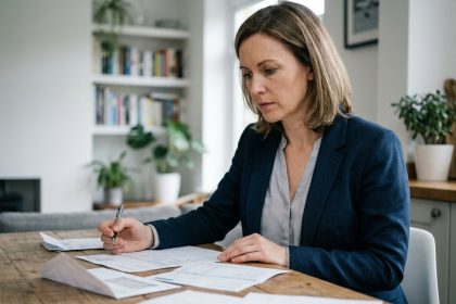 Femme consultant ses relevés bancaires à domicile, envisageant de changer de banque traditionnelle