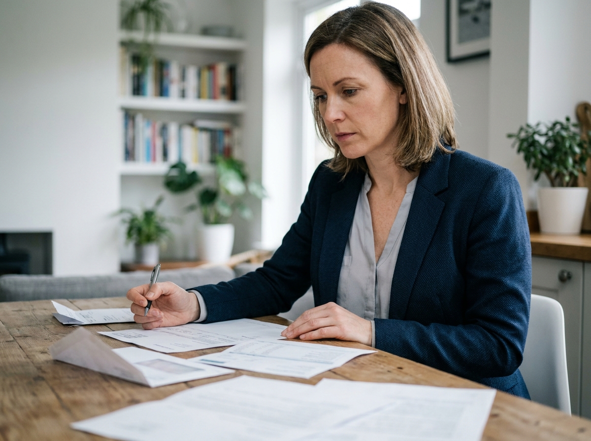 Femme consultant ses relevés bancaires à domicile, envisageant de changer de banque traditionnelle