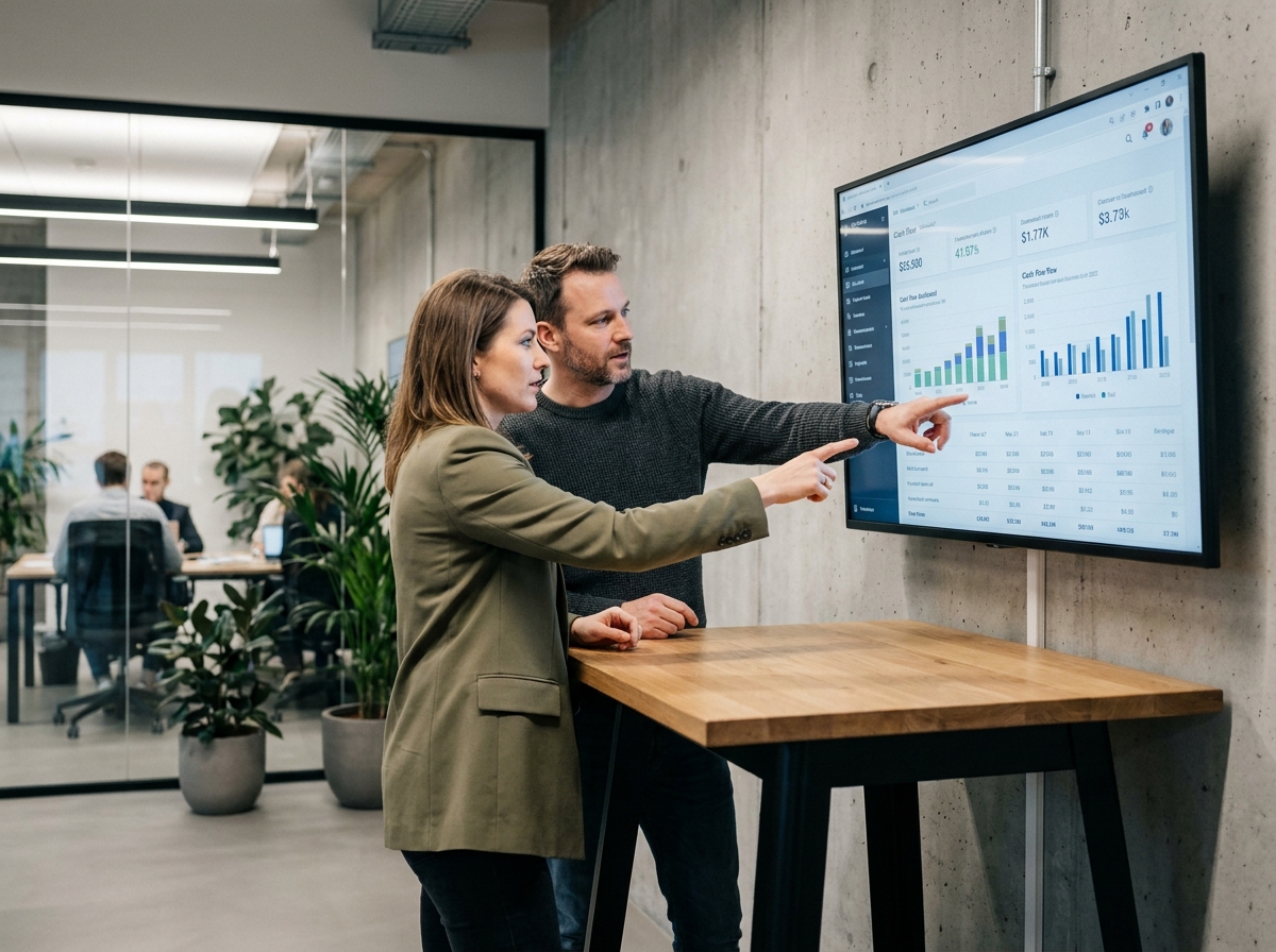 Deux collaborateurs analysant ensemble un tableau de bord de suivi de caisse sur écran mural en espace coworking