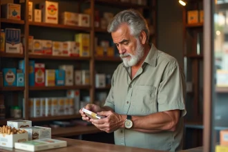 Homme examinant un paquet de cigarettes dans un estanco espagnol, boutique de tabac traditionnelle