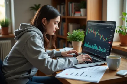 Étudiante apprenant la bourse sur son ordinateur portable avec des graphiques boursiers sur son bureau