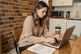 Jeune femme consultant ses relevés bancaires et documents de crédit Flex LCL dans son appartement étudiant