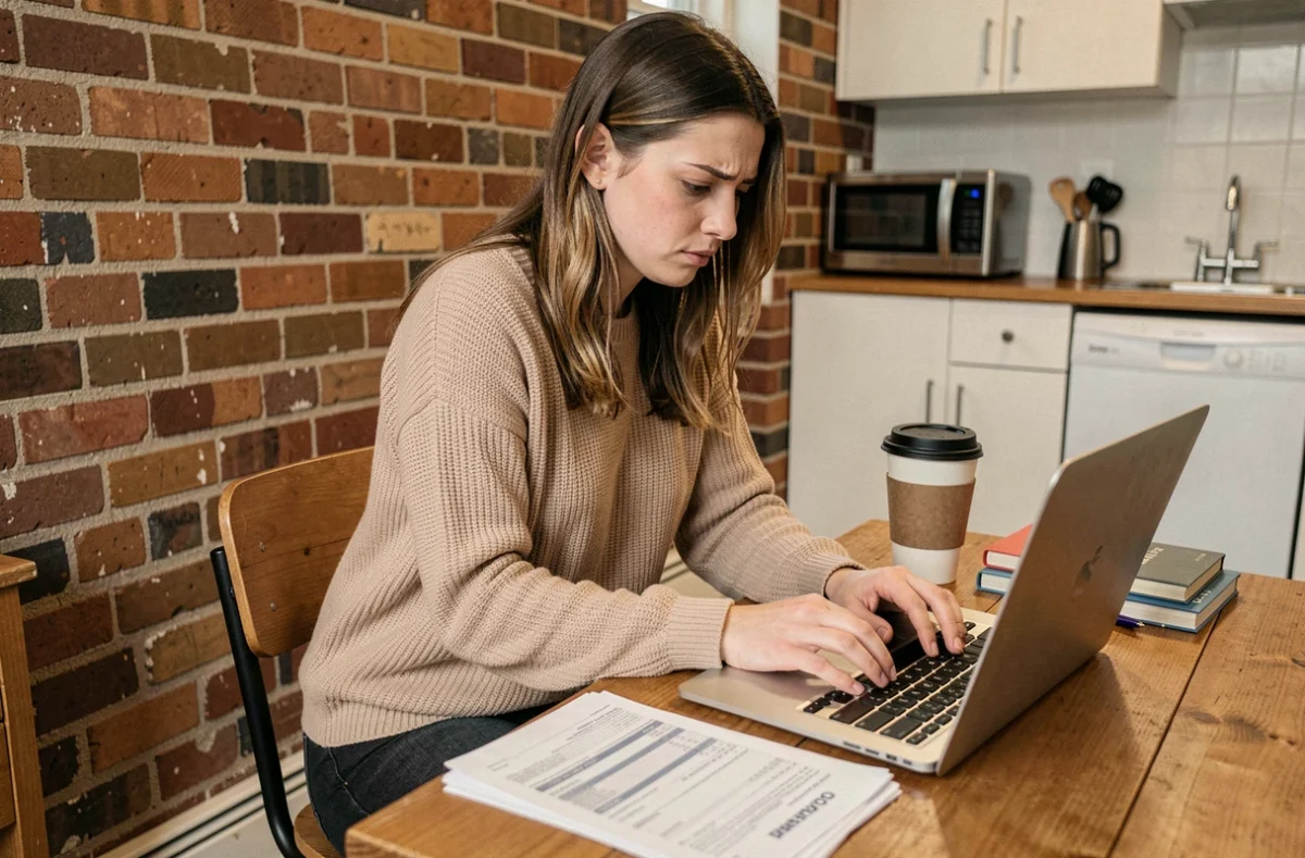 Jeune femme consultant ses relevés bancaires et documents de crédit Flex LCL dans son appartement étudiant