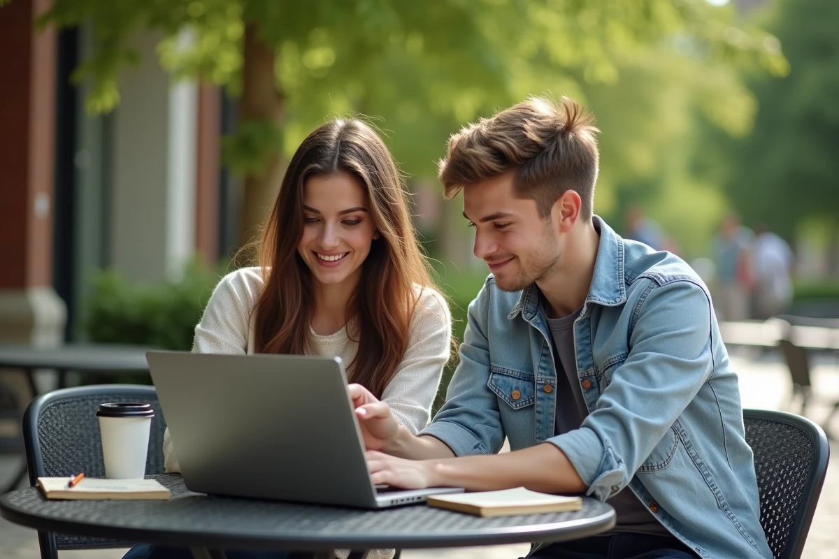 Deux étudiants qui apprennent ensemble à investir en bourse sur un campus universitaire en plein air