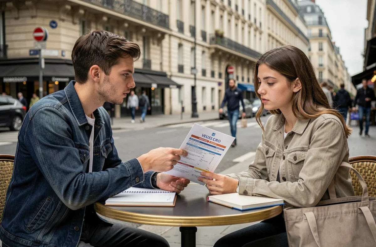 Deux jeunes étudiants discutant d'une offre de crédit Flex LCL autour d'un document dans un café parisien