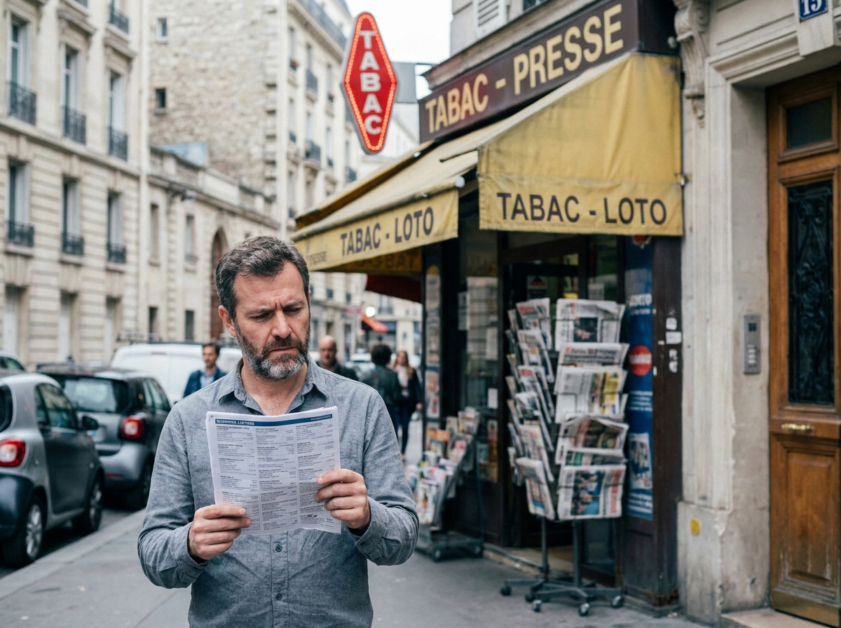 Entrepreneur évaluant l'emplacement et la devanture d'un tabac-presse avant d'en faire l'acquisition