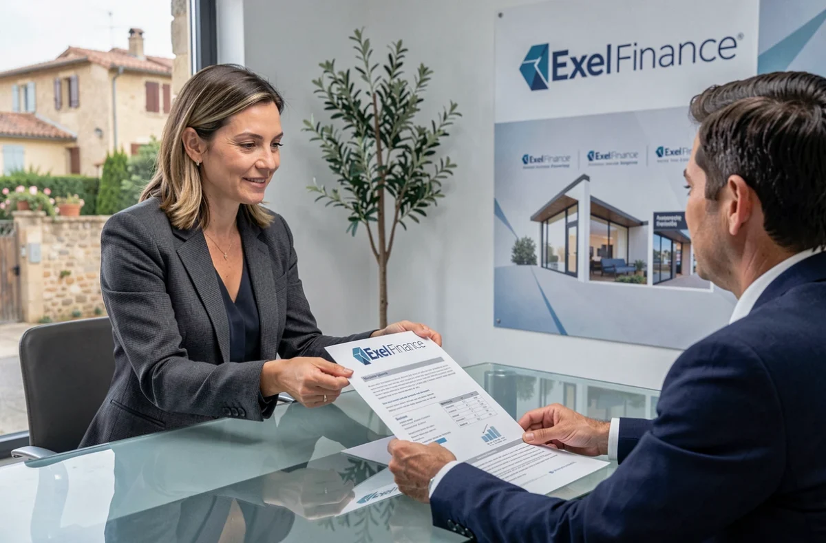 Conseillère Exel Finance présentant une offre de crédit immobilier à un couple dans une agence moderne de Marseille