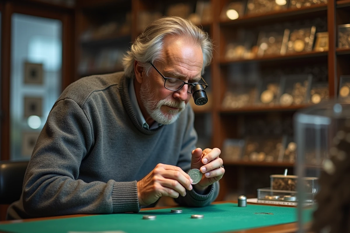 Numismate expert examinant une pièce de 50 Francs argent 1977 à la loupe dans une boutique de numismatique lors d'une revente