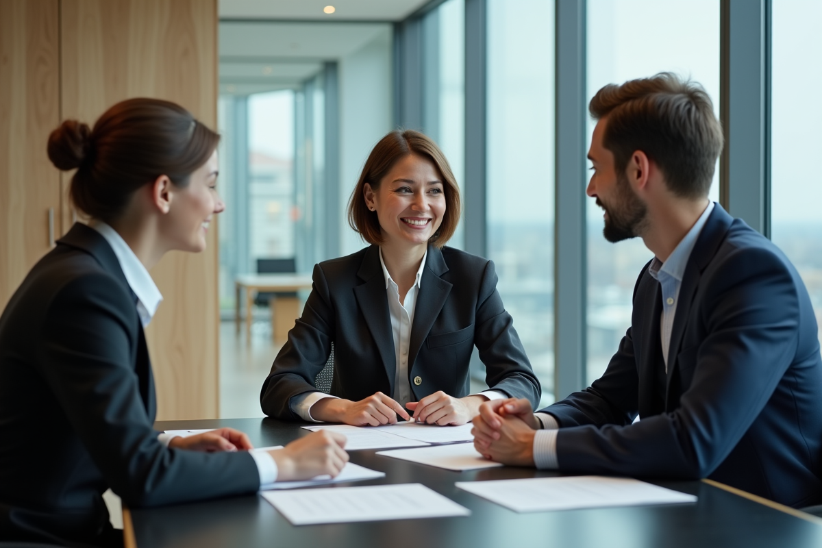 Femme d'affaires souriante en réunion avec un couple dans un bureau moderne