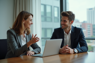 Femme d'affaires et jeune homme en réunion dans un bureau moderne
