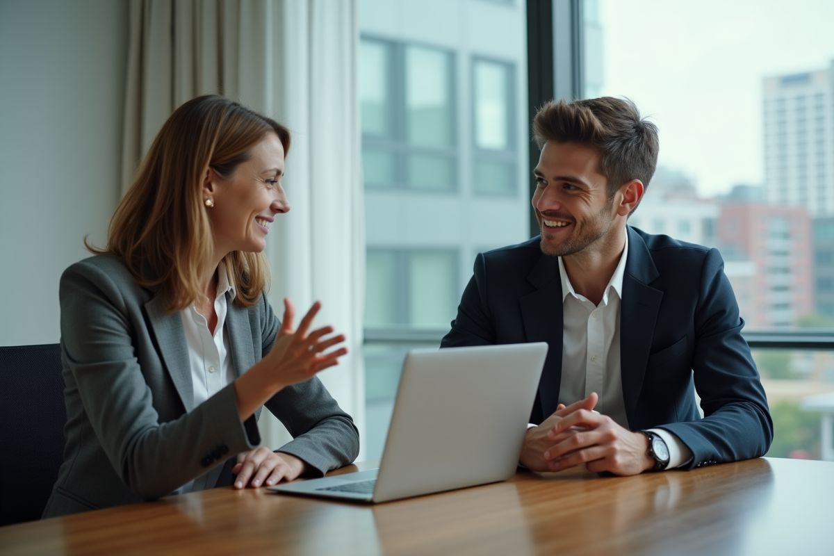Femme d'affaires et jeune homme en réunion dans un bureau moderne