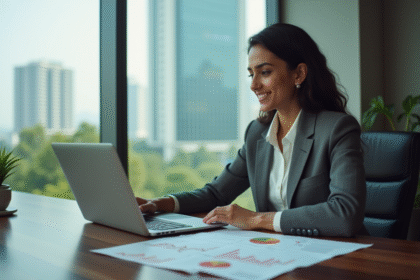 Jeune femme d affaires indienne au bureau avec graphiques