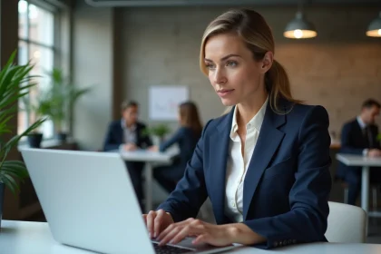 Femme d'affaires consultant une alternative à Avanseo pour un prêt professionnel en ligne