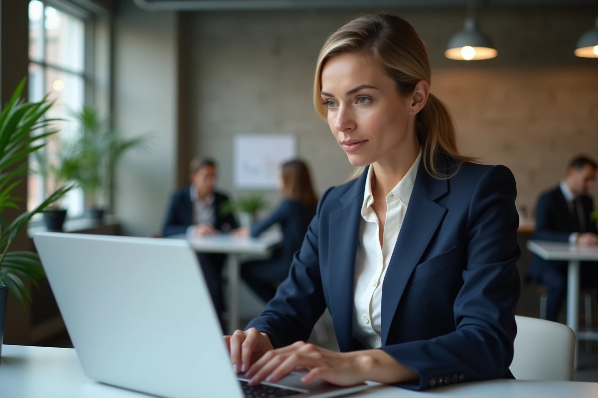 Femme d'affaires consultant une alternative à Avanseo pour un prêt professionnel en ligne