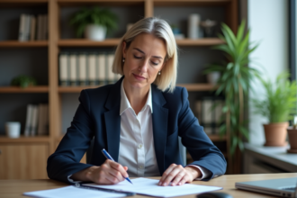 Femme d'affaires en costume bleu examine des documents de pension