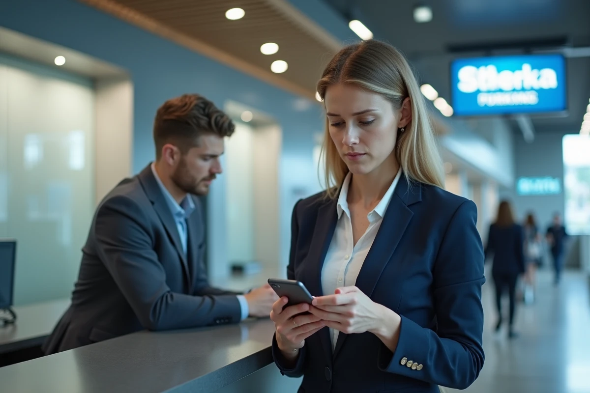 Femme consultant son smartphone dans une agence bancaire pour résoudre un problème de connexion Cyberplus Banque Populaire