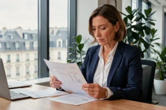 Femme cadre analysant des documents financiers liés aux SCPI dans un bureau moderne en Europe