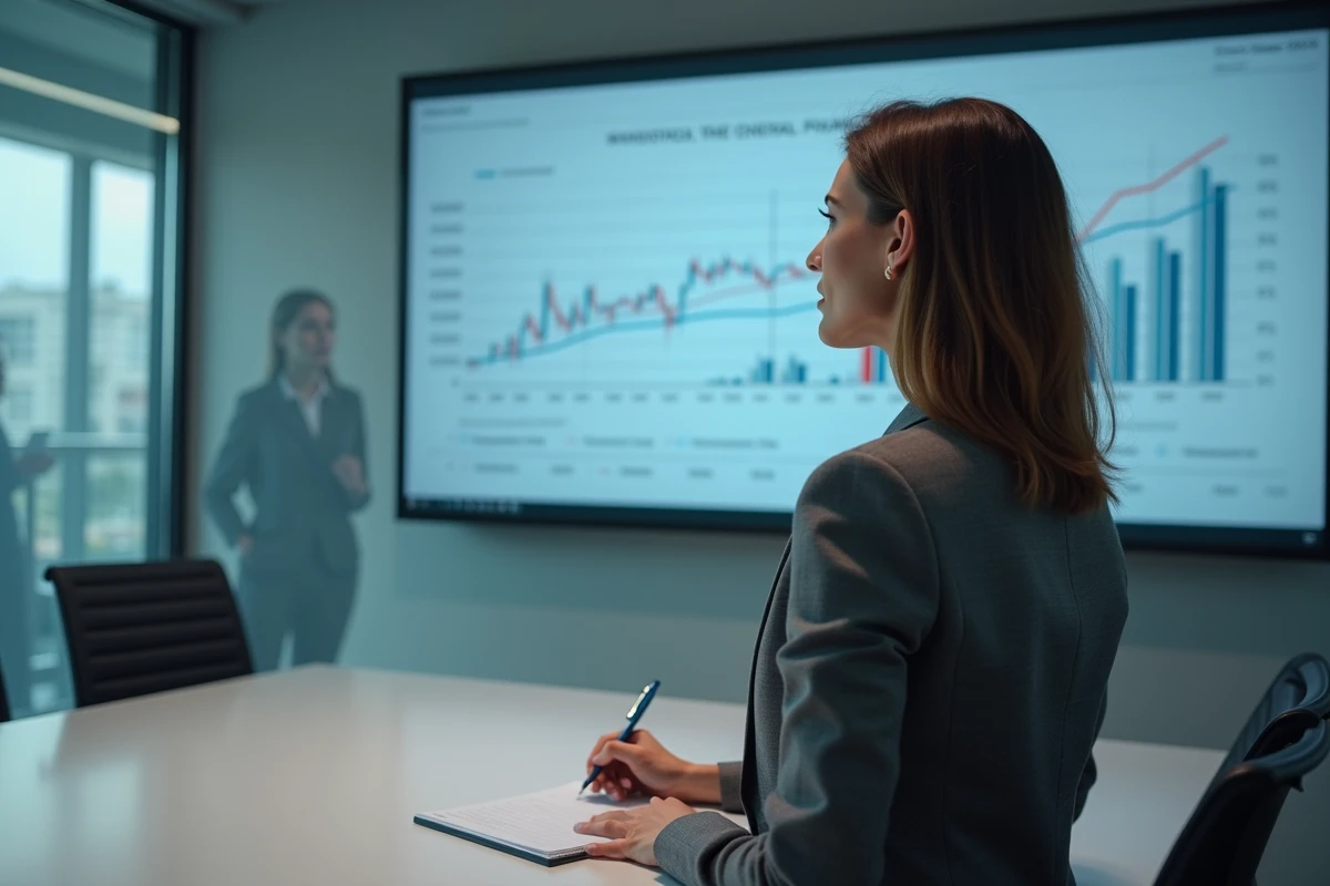 Femme analysant un graphique financier en réunion