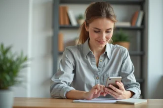 Femme utilisant l'application Floa sur smartphone pour gérer son compte en 2026