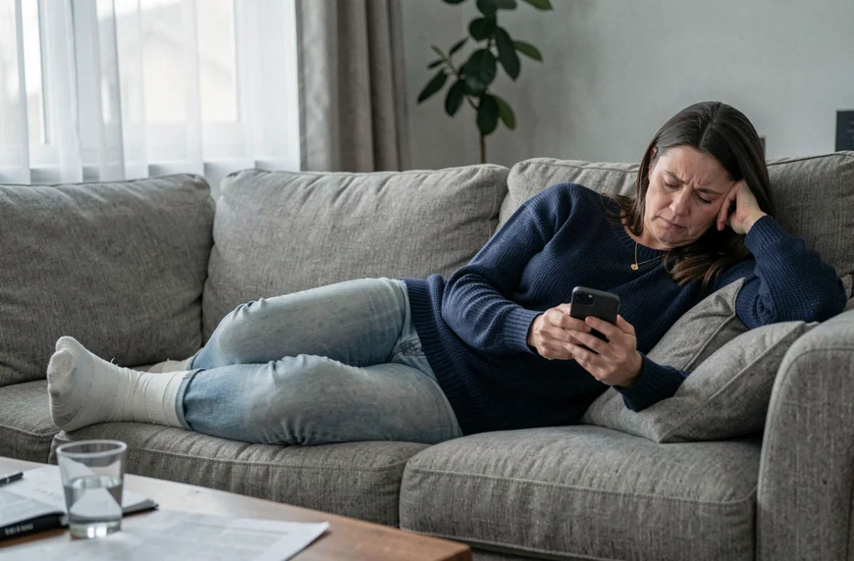 Une femme avec une jambe plâtrée allongée sur son canapé consulte son téléphone, symbolisant un arrêt de travail couvert par la garantie ITT