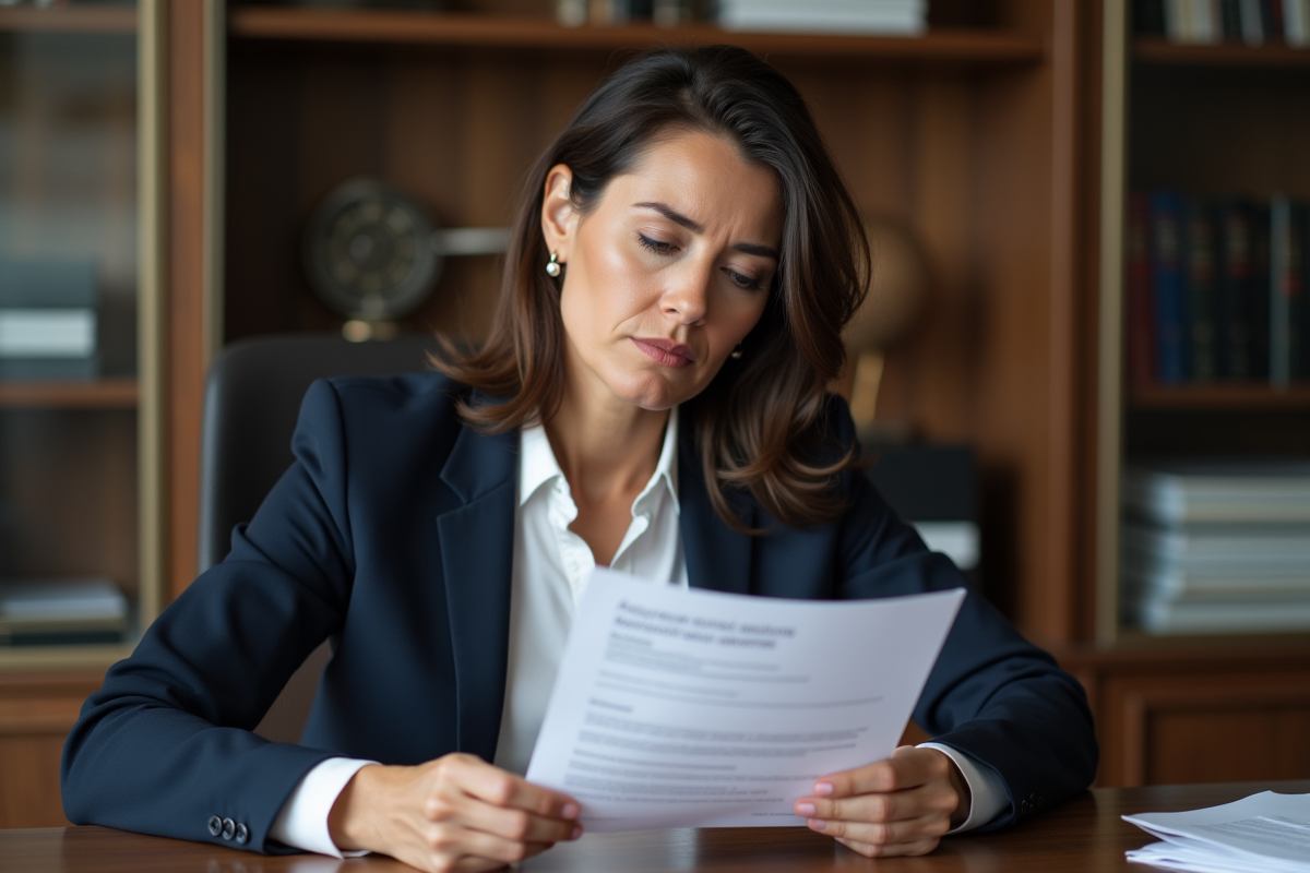 Femme d'affaires examinant un document d'assurance frais avocat