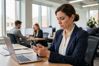 Femme professionnelle utilisant l'authentification double facteur sur smartphone pour accéder à son espace bancaire Cyberplus Banque Populaire