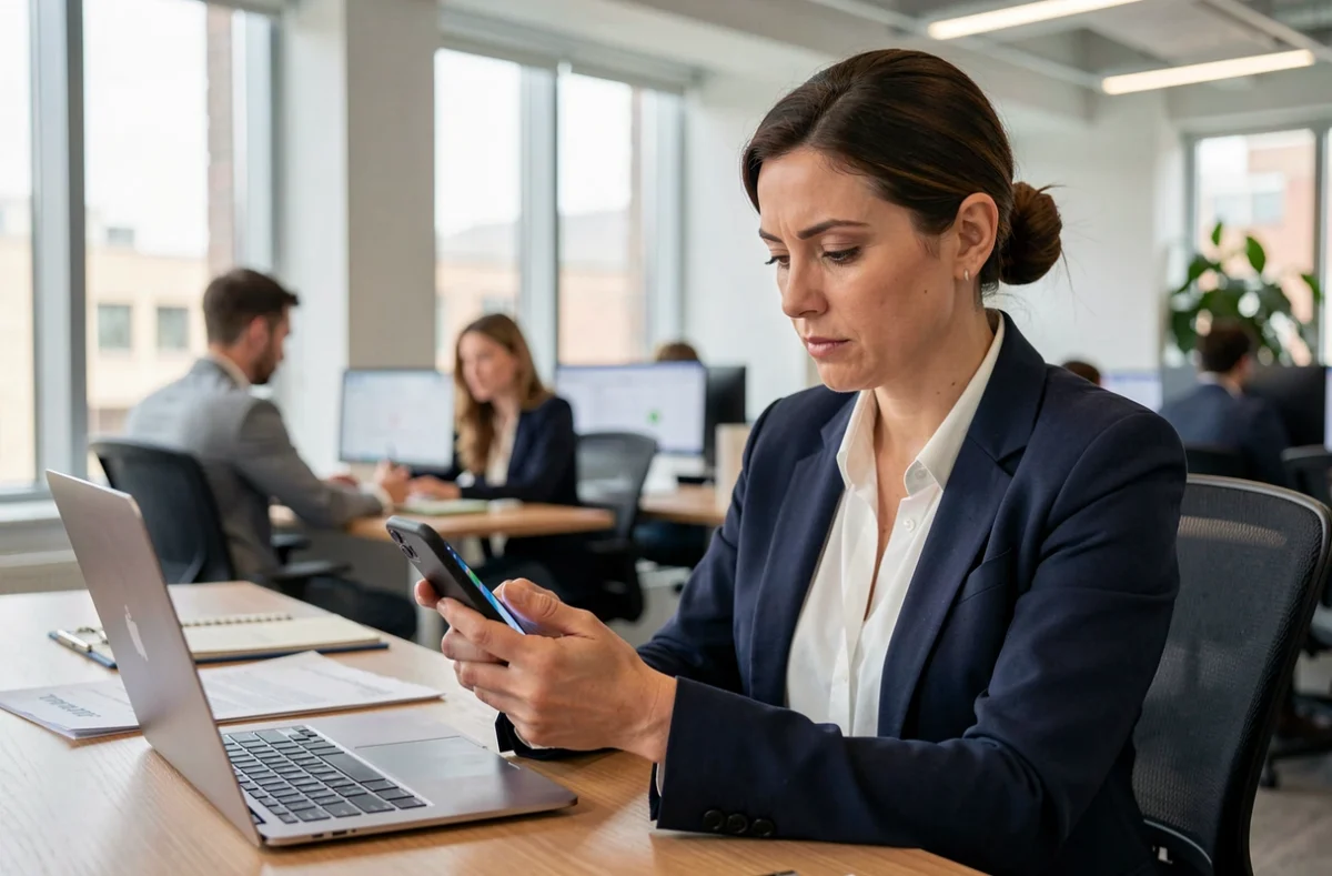 Femme professionnelle utilisant l'authentification double facteur sur smartphone pour accéder à son espace bancaire Cyberplus Banque Populaire