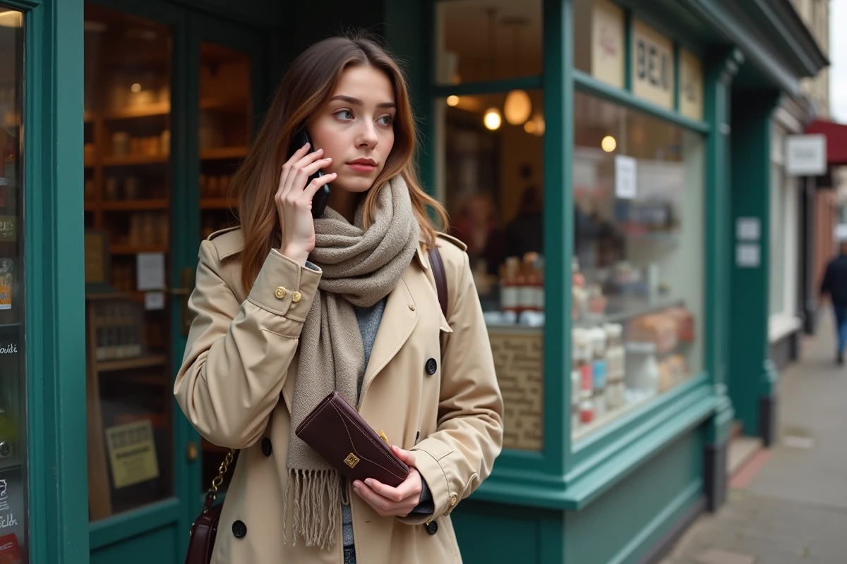 Jeune femme parlant au téléphone avec un portefeuille vide devant un magasin