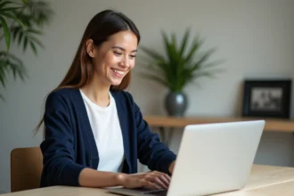 Femme assise à son bureau regardant son ordinateur portable