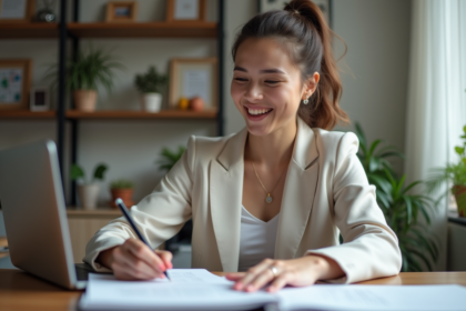 Femme souriante au bureau moderne en tenue smartcasual