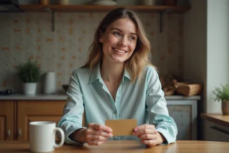 Jeune femme avec carte cadeau et Ticket Kadéos dans la cuisine