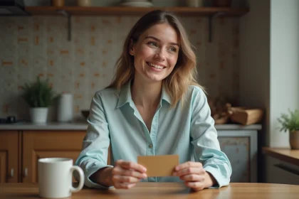 Jeune femme avec carte cadeau et Ticket Kadéos dans la cuisine