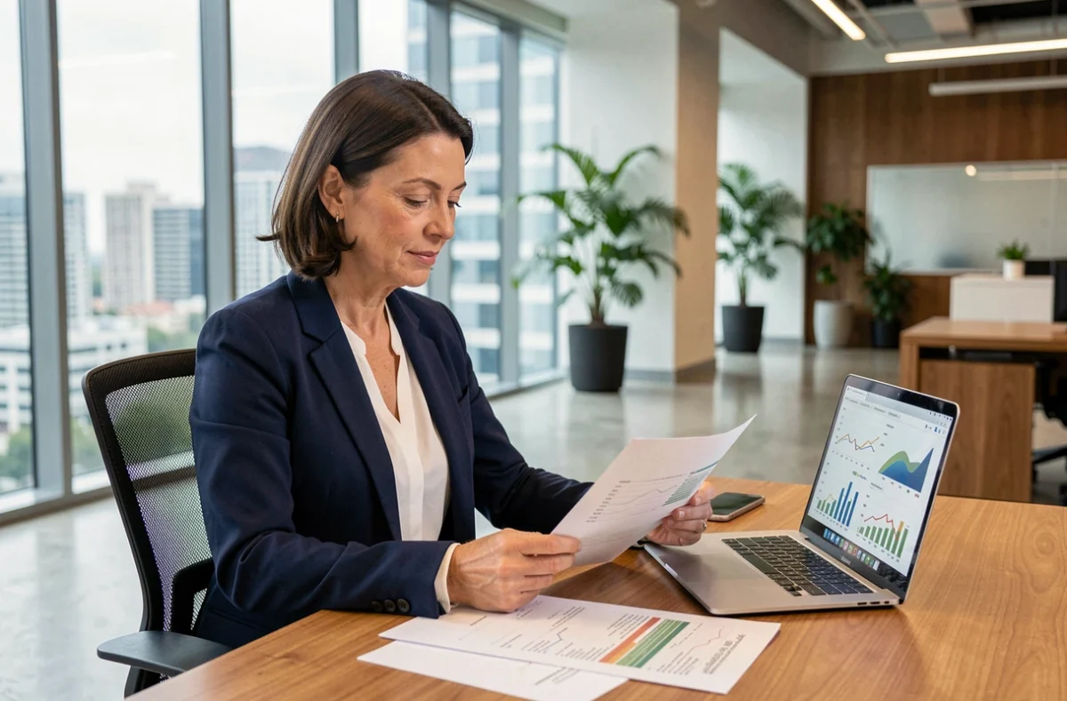 Femme cadre analysant des documents financiers sur une SCPI dans un bureau moderne avec vue sur la ville