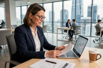Femme cadre analysant des documents de SCPI en assurance vie dans un bureau moderne