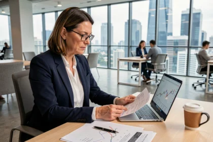 Femme cadre analysant des documents de SCPI en assurance vie dans un bureau moderne