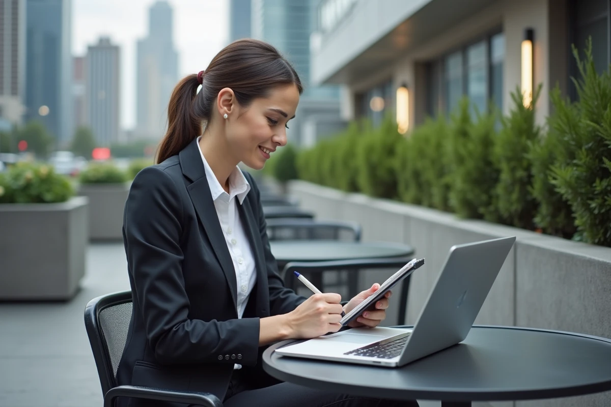 Femme seule comparant statistiques GDP sur son ordinateur au café